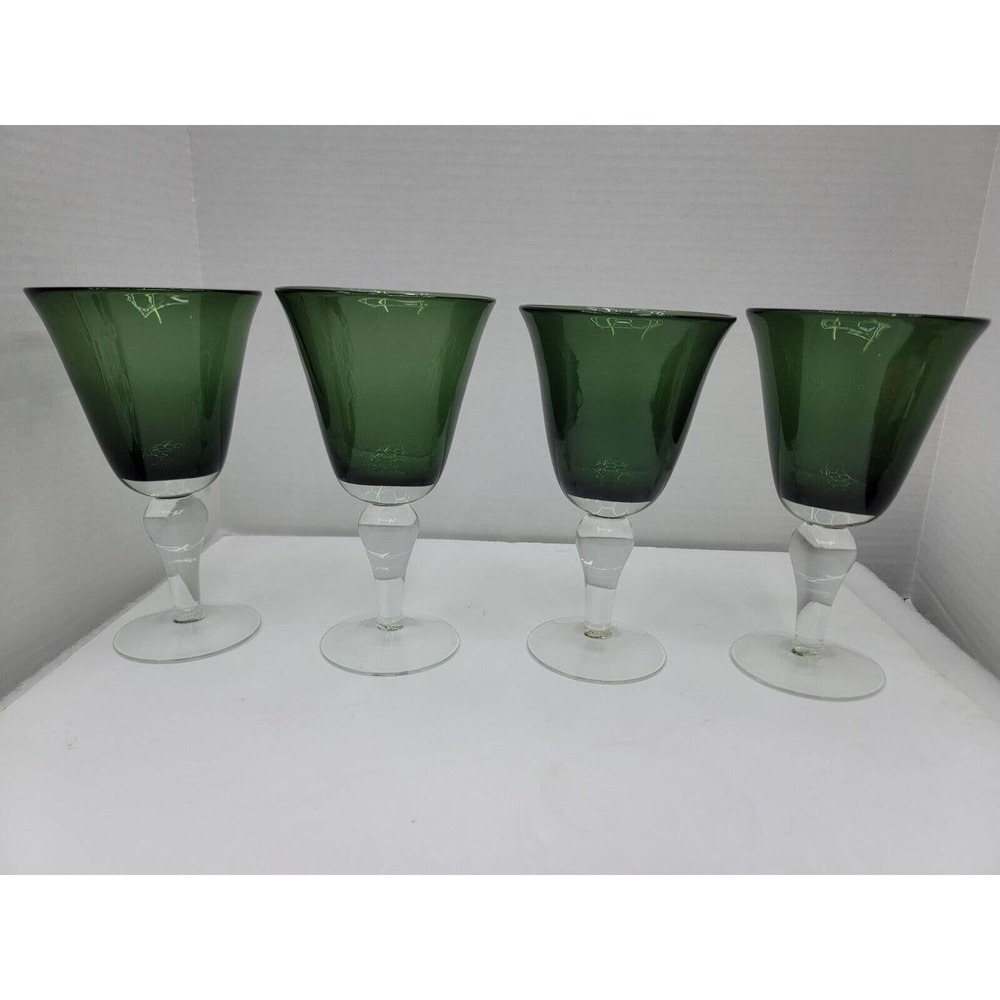 Set Of 4 Vintage Iris Green By Artland Water Goblet Glasses 8" Tall